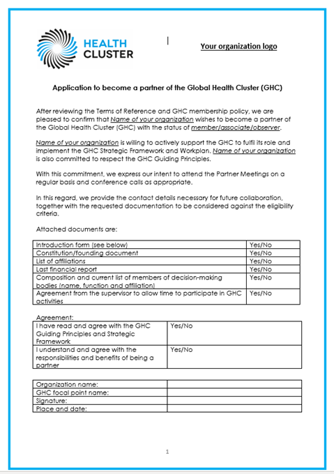 Health Cluster membership application form
