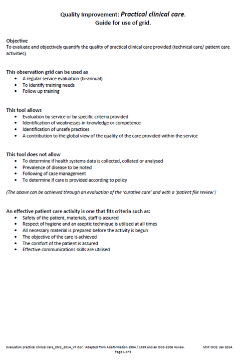 Quality Improvement: Practical clinical care. Guide for use of grid.