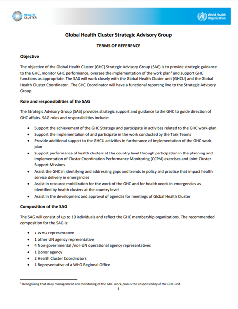Global Health Cluster Strategic Advisory Group - Terms of Reference